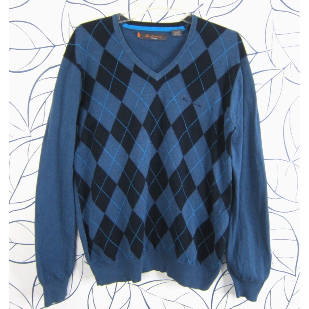 BEN SHERMAN MEN'S Size L Blue ARGYLE V-NECK HERITAGE SWEATER